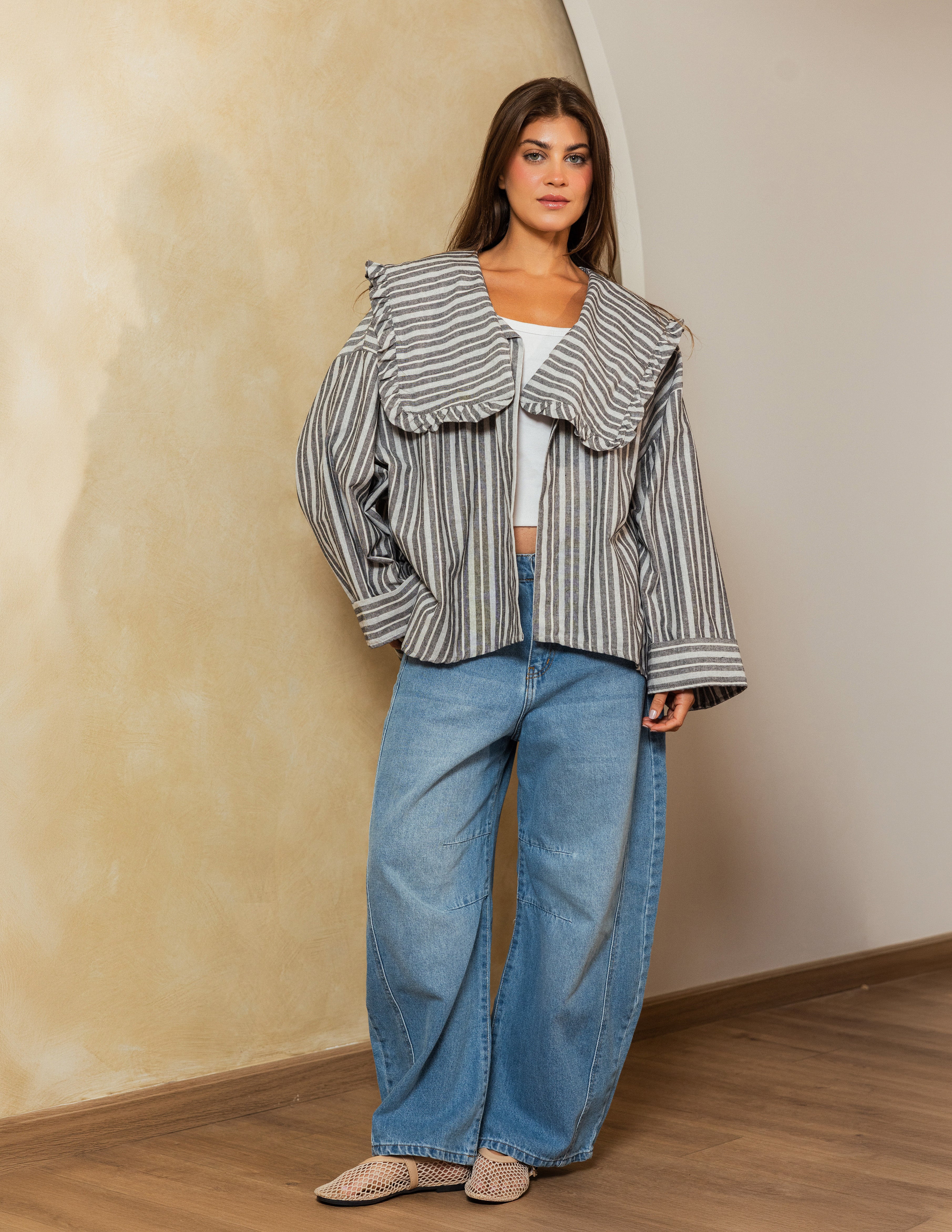 Sailor Collar Linen Jacket - Grey Stripe – Maison S