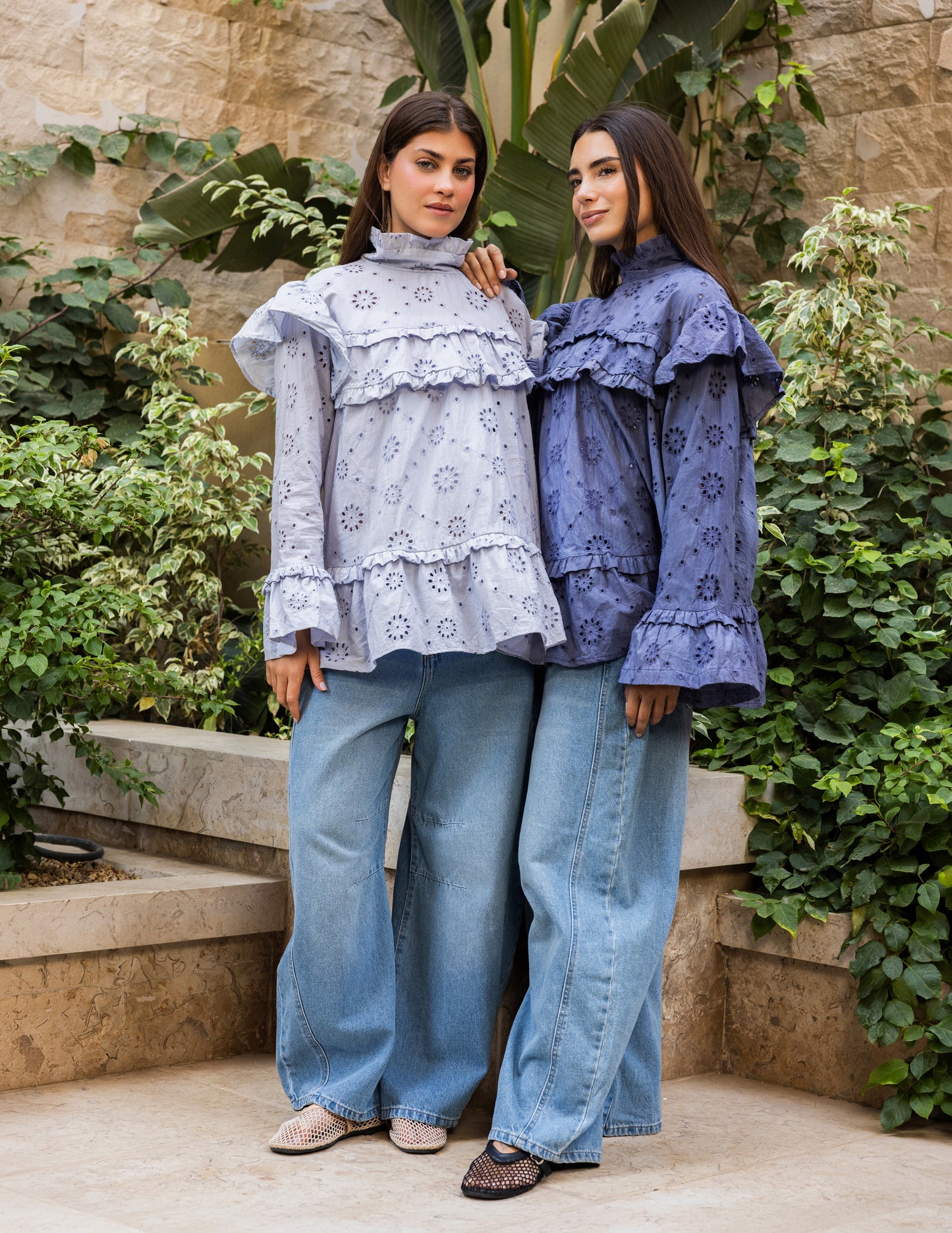 Ruffle Broderie Blouse - Blue