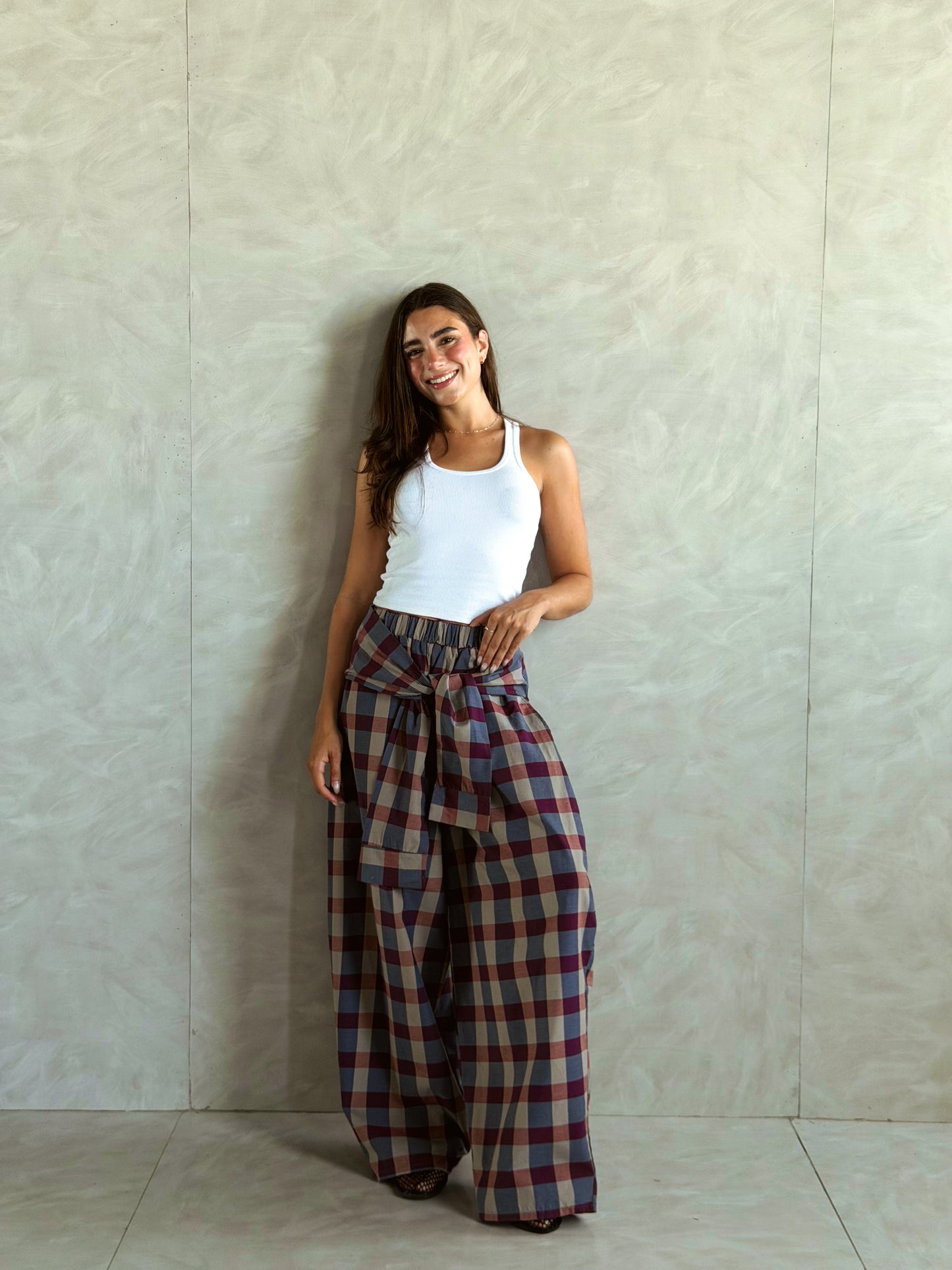 Plaid Tie Pants - Red