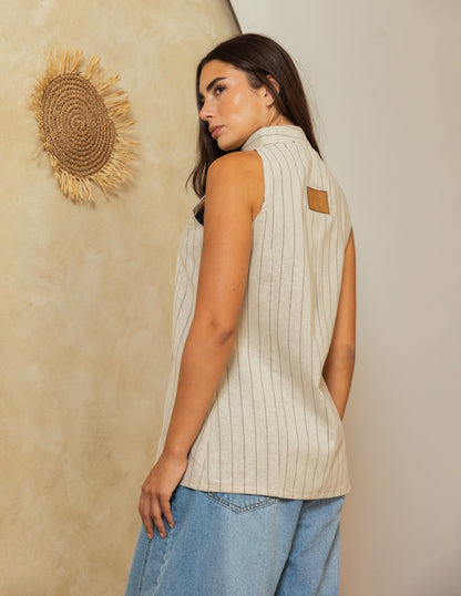 Frog Closure Linen Vest - Black