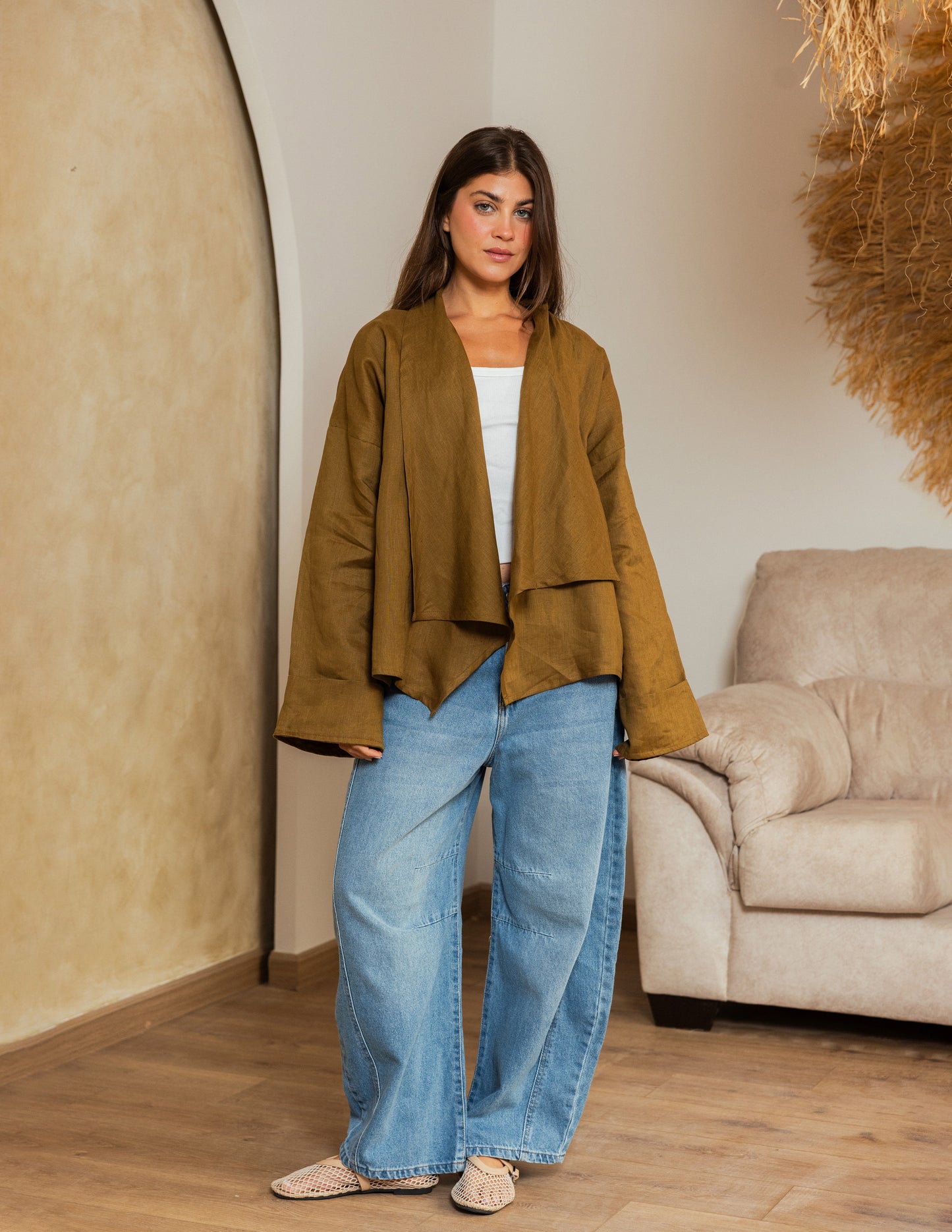 Pure Linen Fringe Jacket - Olive