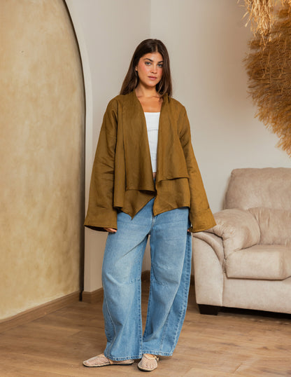 Pure Linen Fringe Jacket - Olive