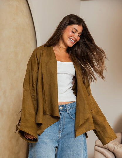 Pure Linen Fringe Jacket - Olive