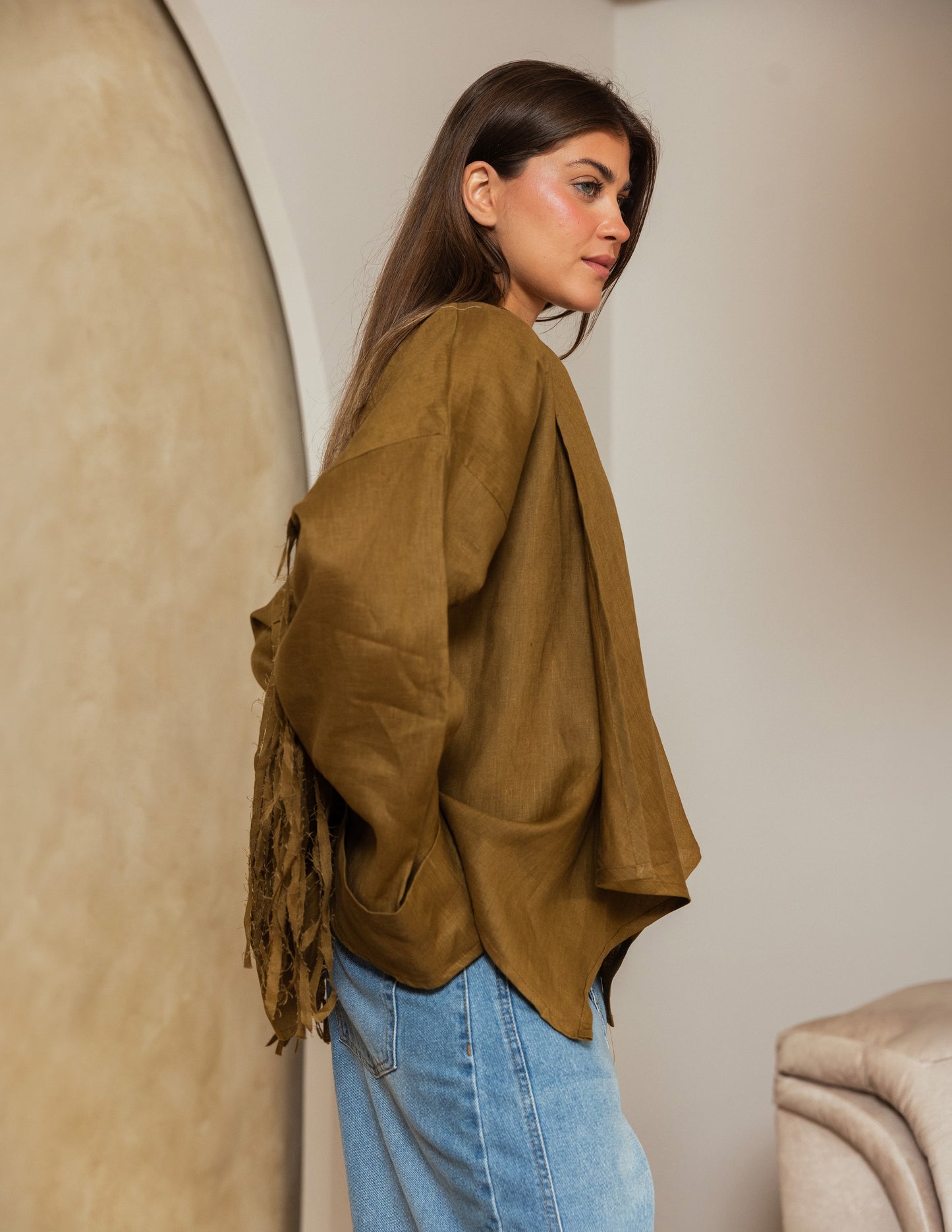 Pure Linen Fringe Jacket - Olive