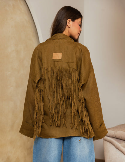 Pure Linen Fringe Jacket - Olive