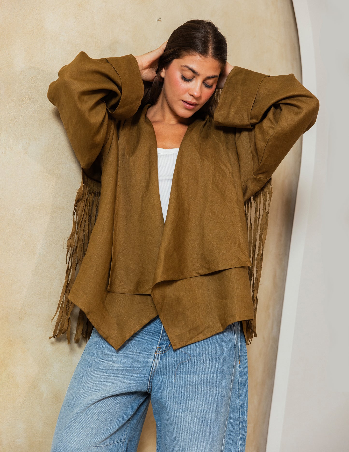 Pure Linen Fringe Jacket - Olive