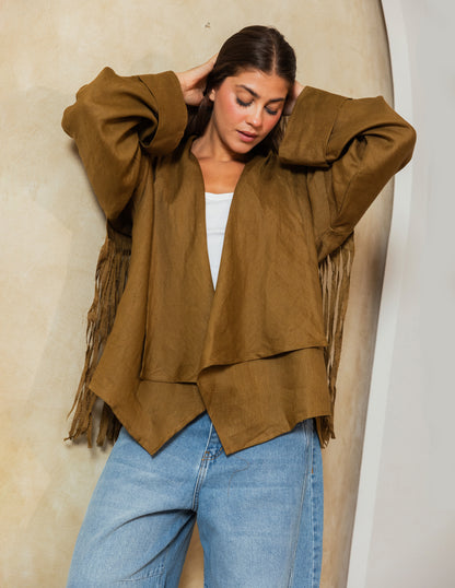 Pure Linen Fringe Jacket - Olive