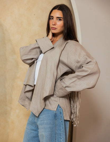 Pure Linen Fringe Jacket - Light Grey