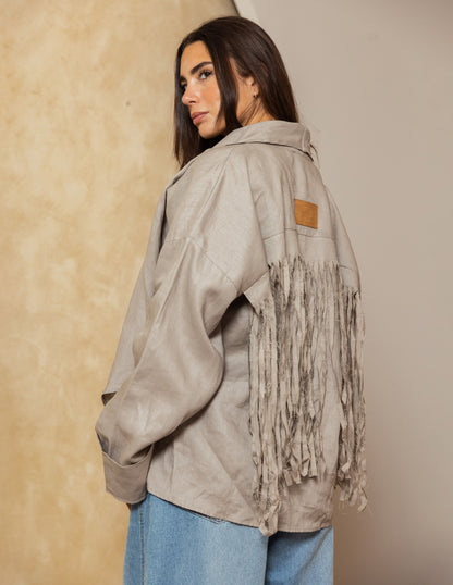 Pure Linen Fringe Jacket - Light Grey