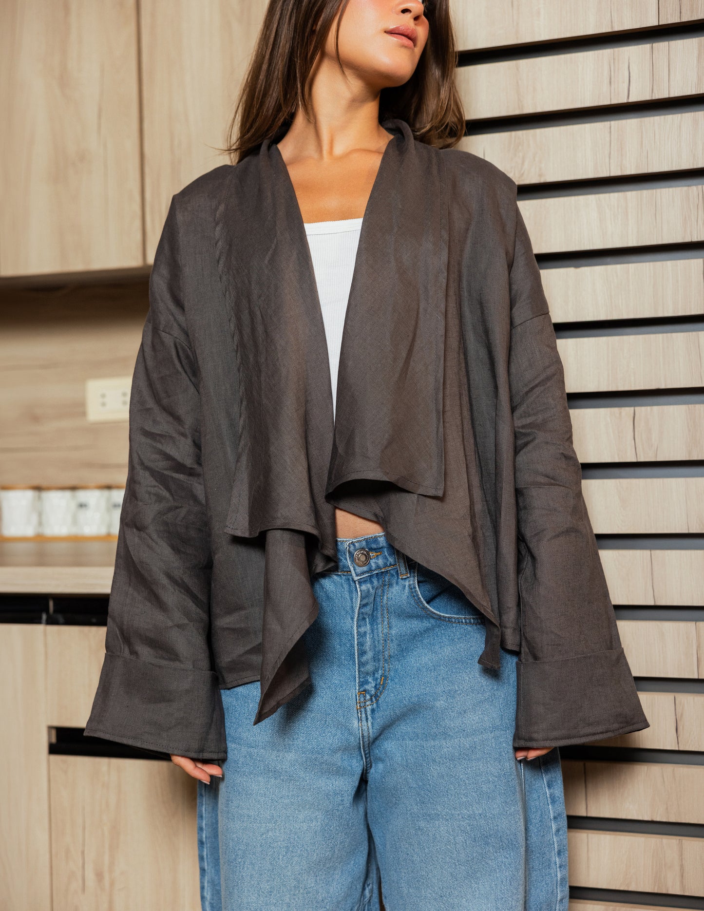Pure Linen Fringe Jacket - Grey