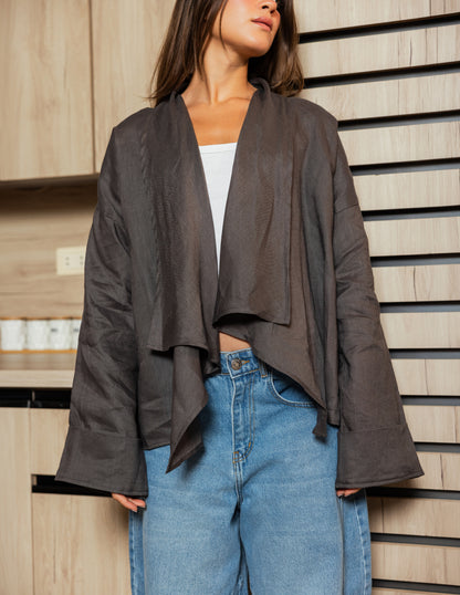 Pure Linen Fringe Jacket - Grey