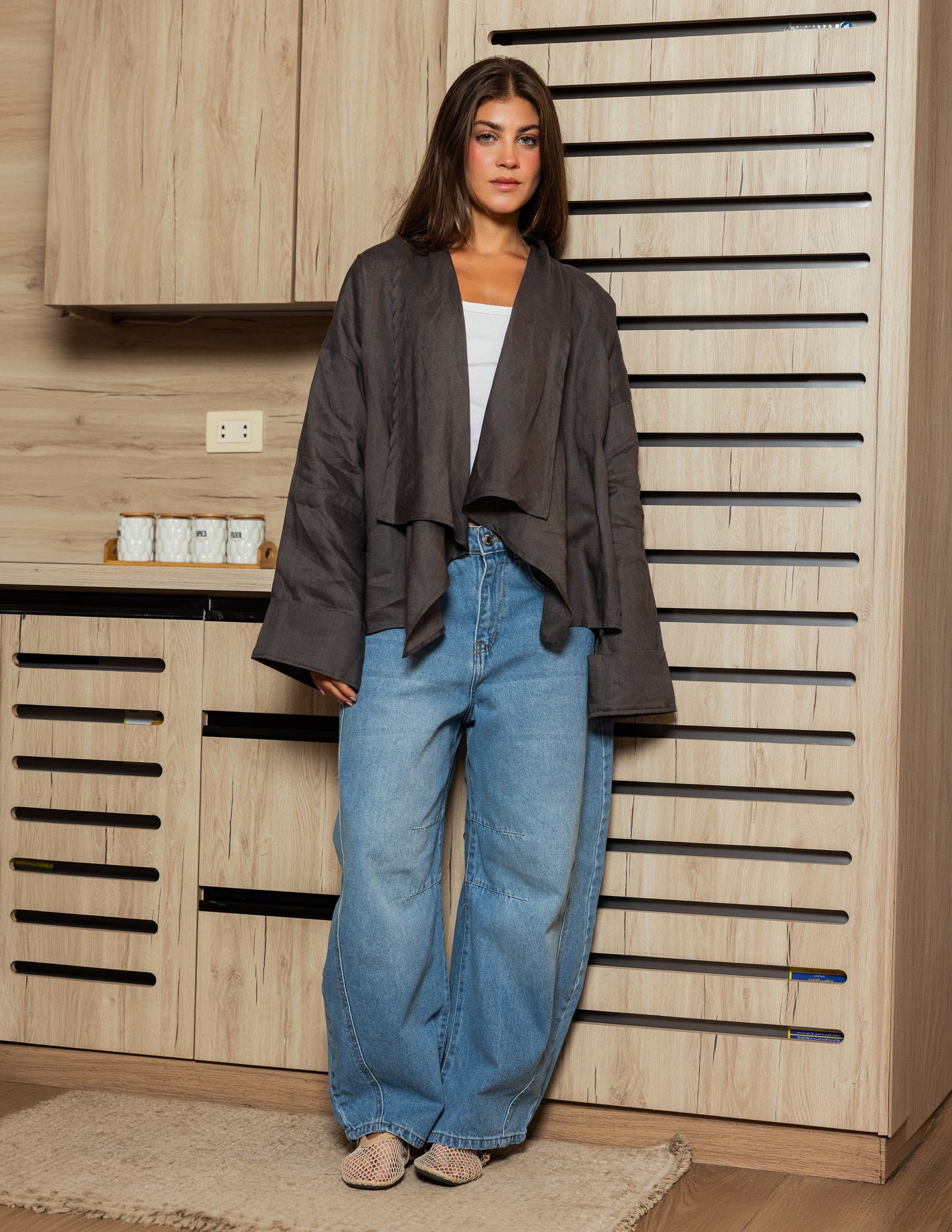 Pure Linen Fringe Jacket - Grey