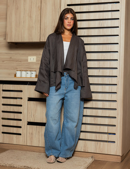 Pure Linen Fringe Jacket - Grey
