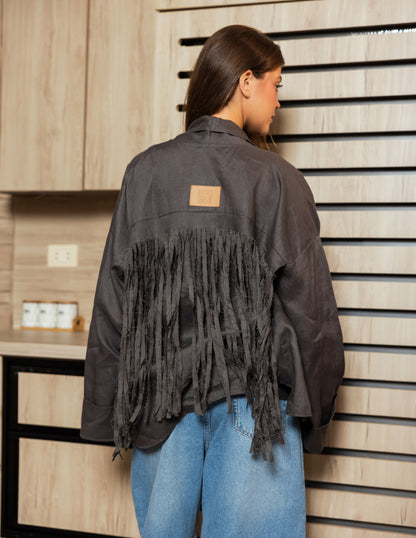Pure Linen Fringe Jacket - Grey