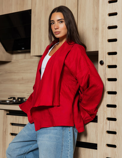 Pure Linen Fringe Jacket - Red