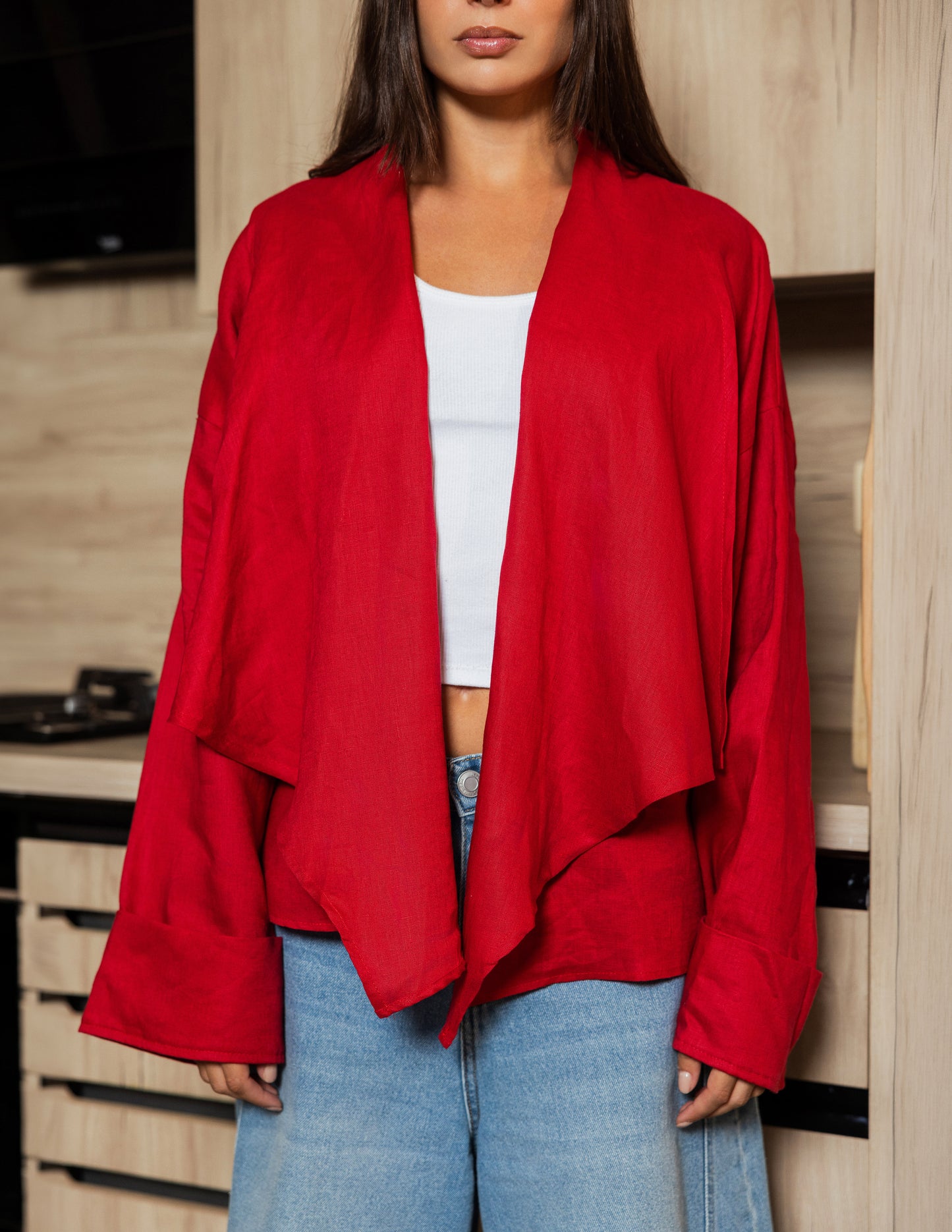 Pure Linen Fringe Jacket - Red