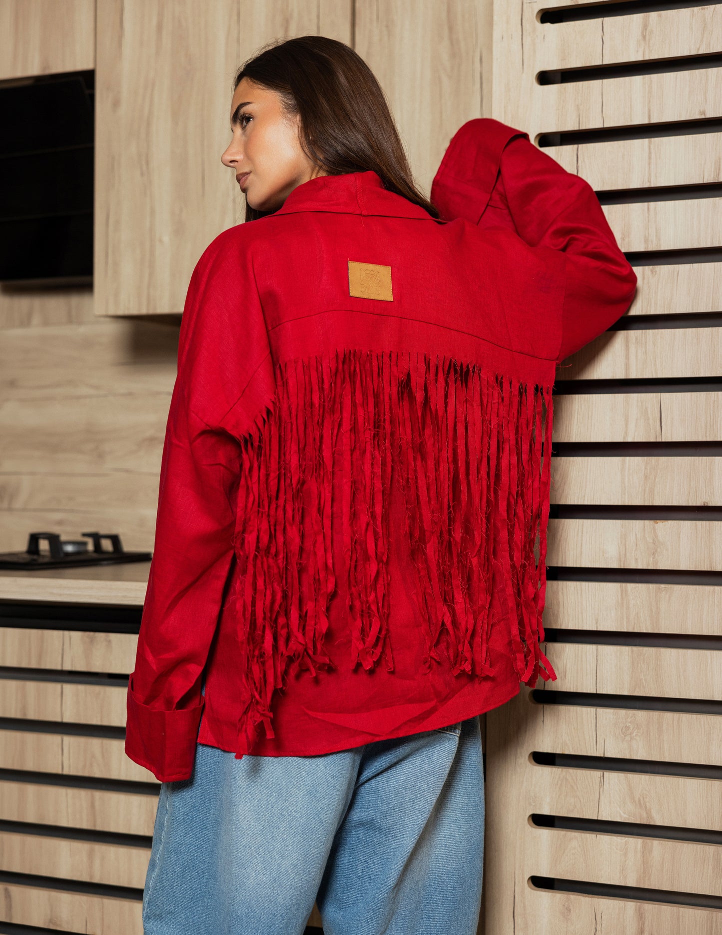 Pure Linen Fringe Jacket - Red