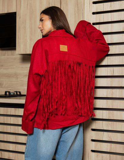 Pure Linen Fringe Jacket - Red