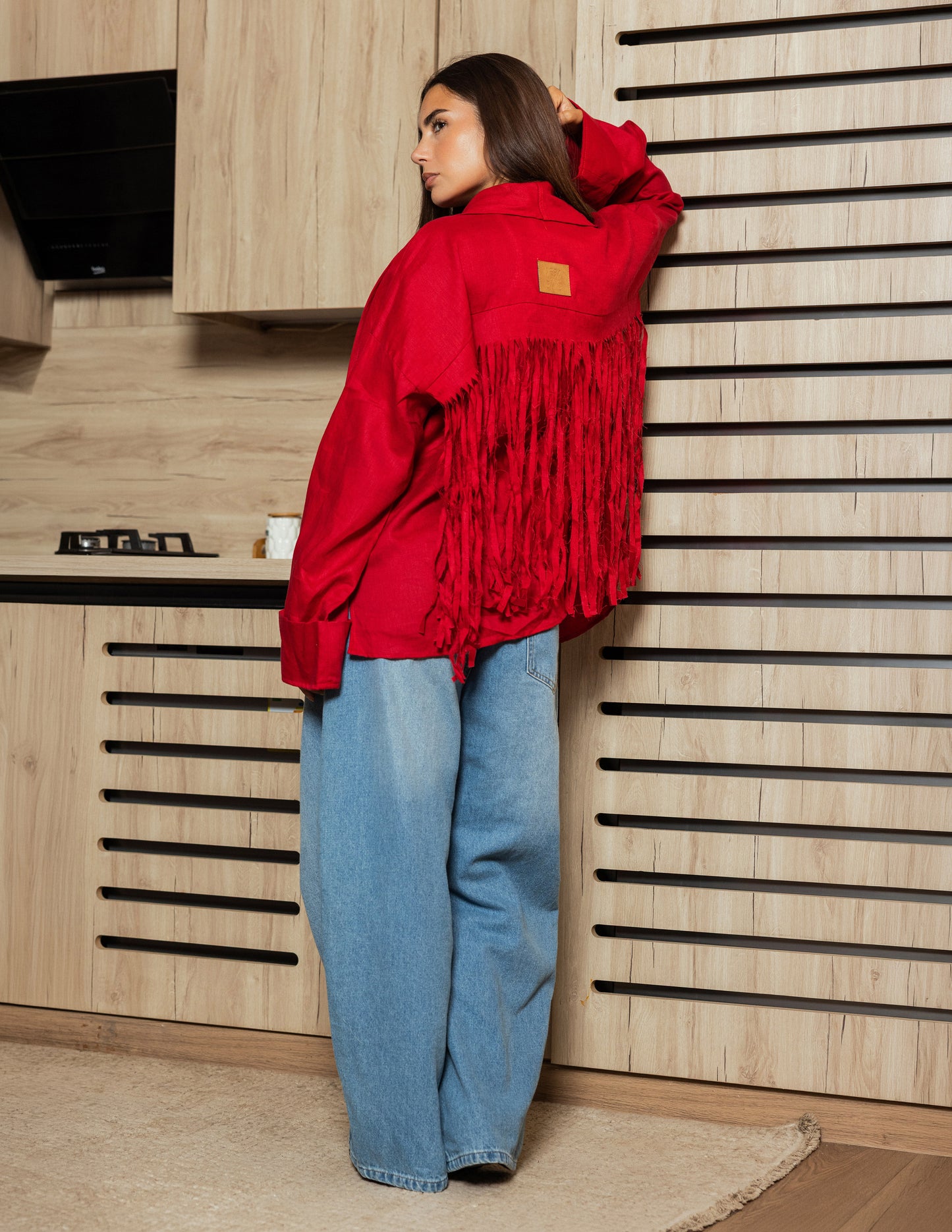 Pure Linen Fringe Jacket - Red