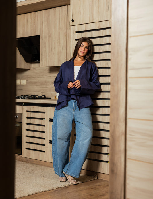 Pure Linen Fringe Jacket - Navy