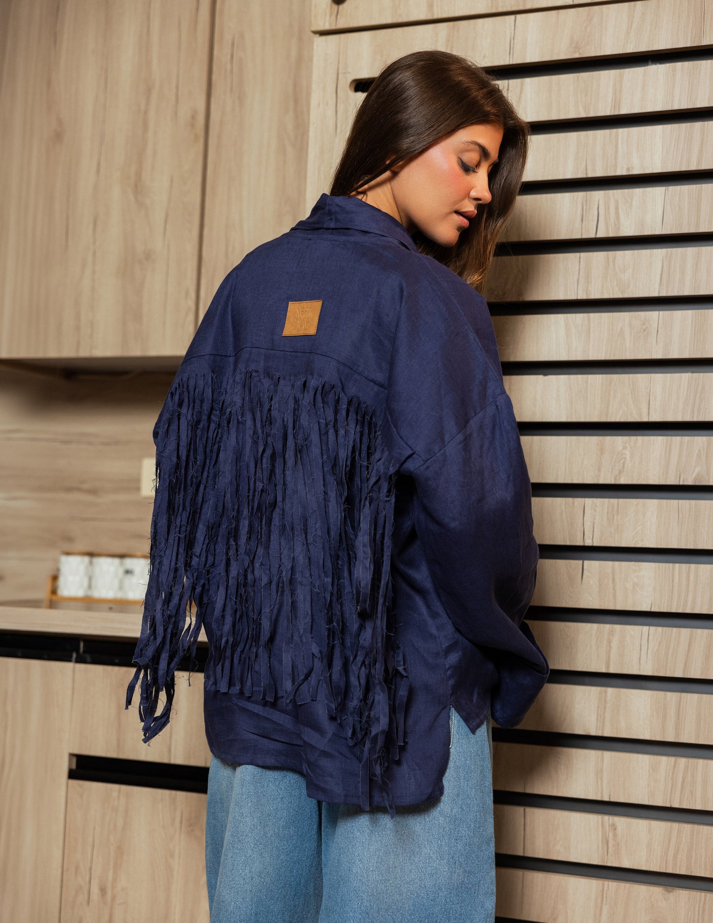 Pure Linen Fringe Jacket - Navy