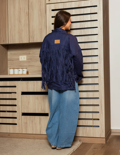 Pure Linen Fringe Jacket - Navy
