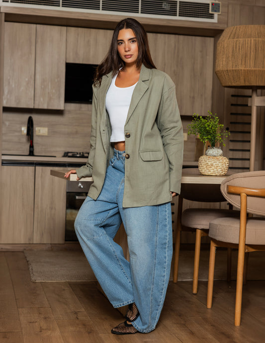 Oversized Linen Blazer - Olive
