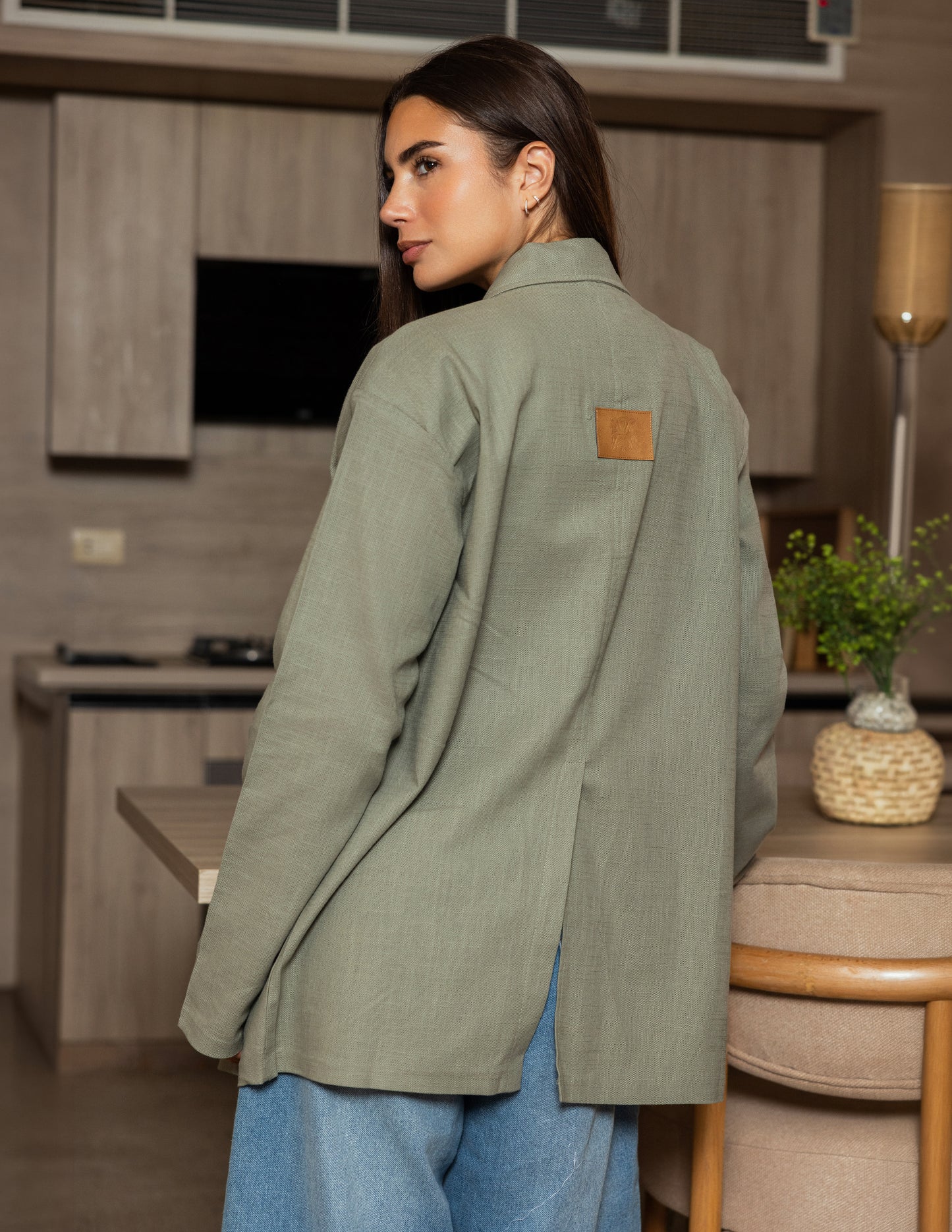 Oversized Linen Blazer - Olive