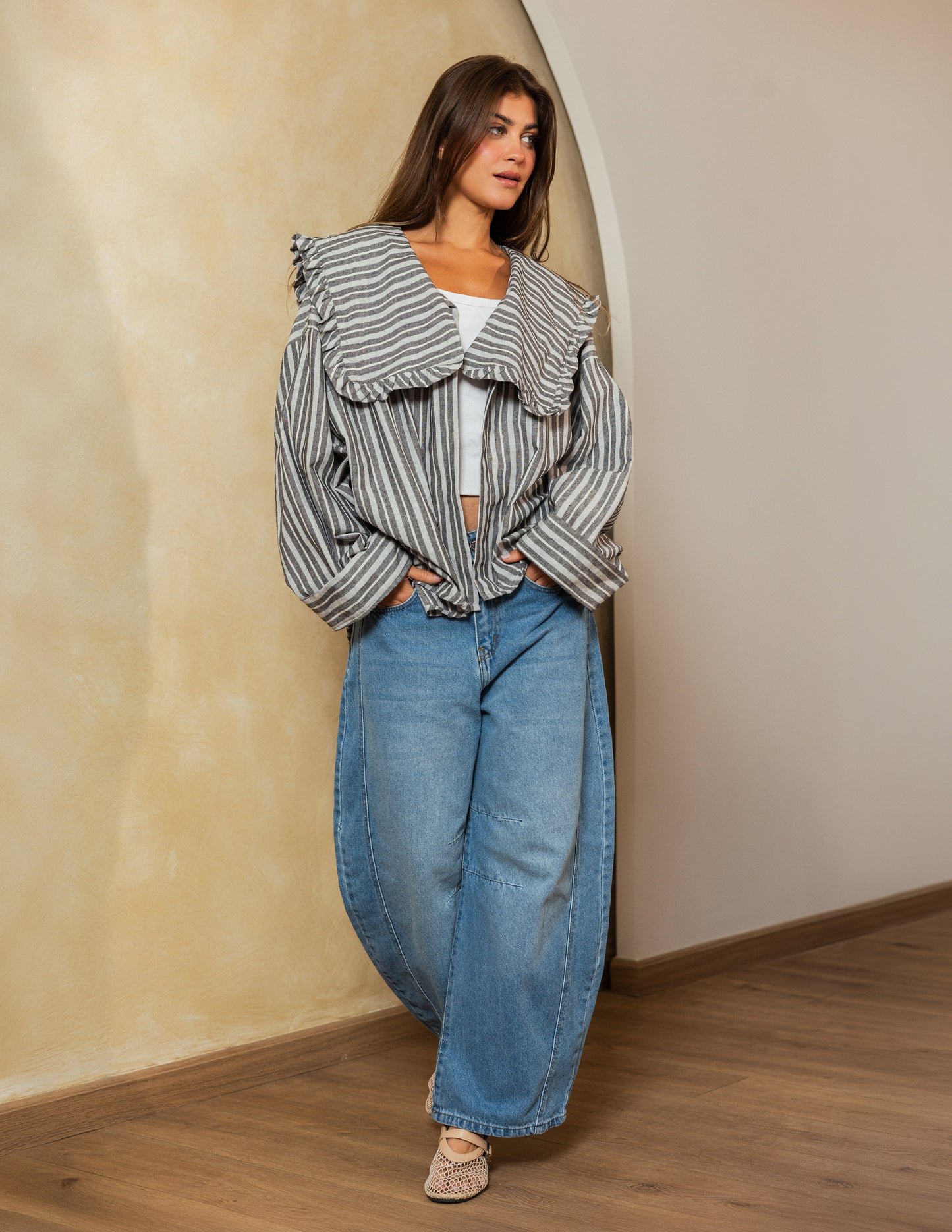 Sailor Collar Linen Jacket - Grey Stripe