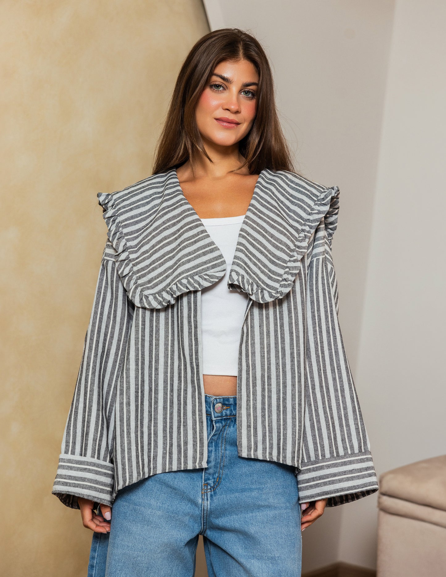 Sailor Collar Linen Jacket - Grey Stripe