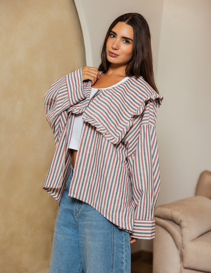 Sailor Collar Linen Jacket - Rose Stripe
