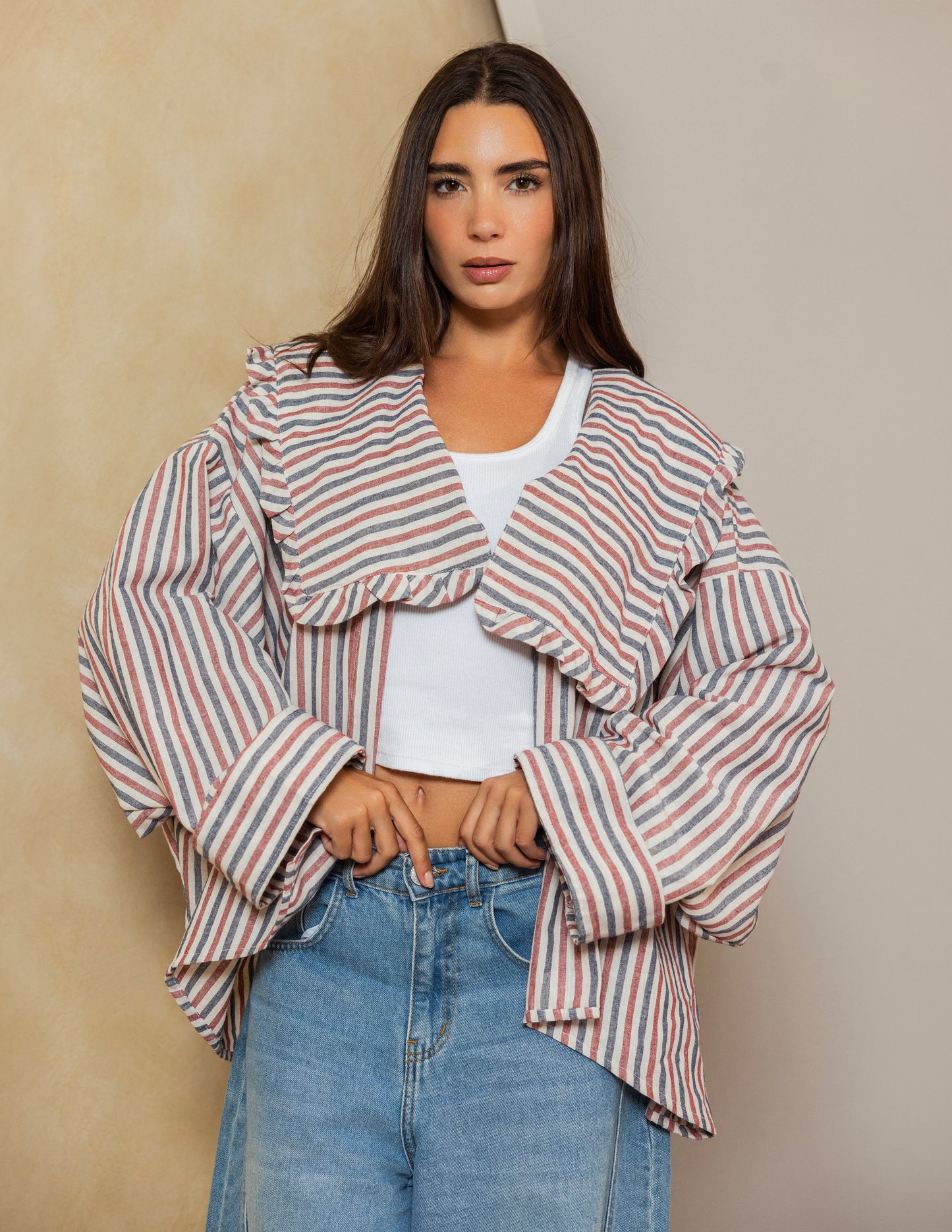 Sailor Collar Linen Jacket - Rose Stripe