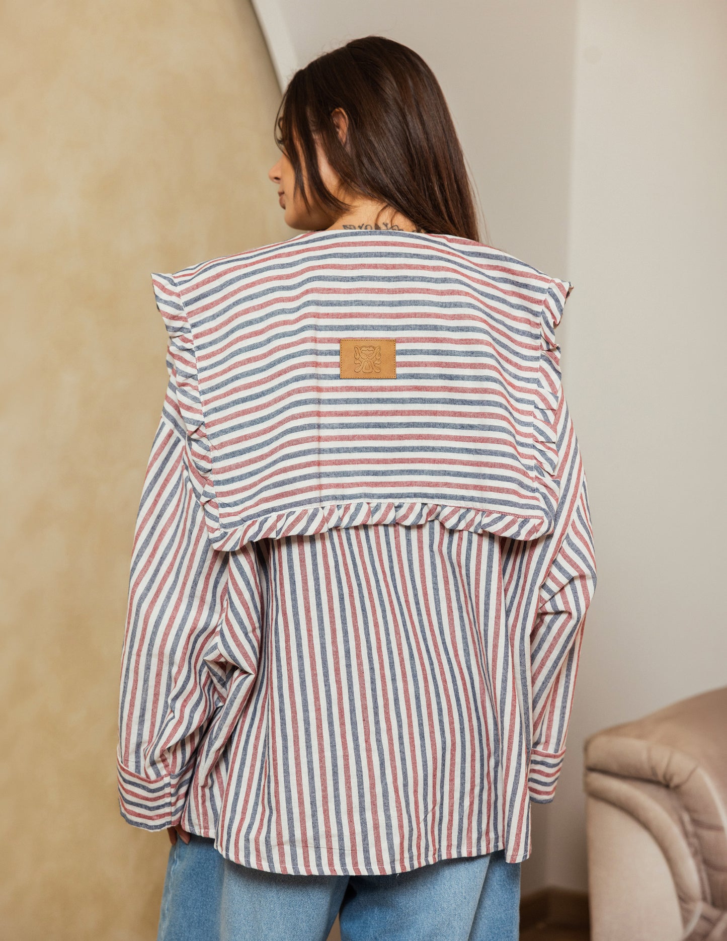 Sailor Collar Linen Jacket - Rose Stripe