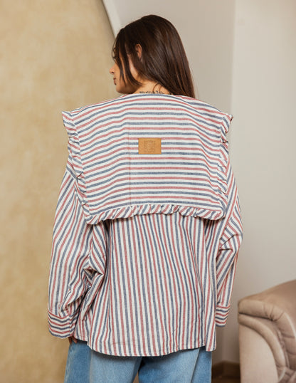 Sailor Collar Linen Jacket - Rose Stripe