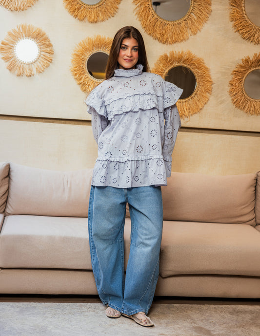Ruffle Broderie Blouse - Light Blue