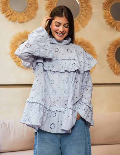 Ruffle Broderie Blouse - Light Blue