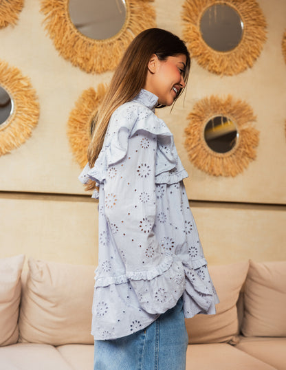Ruffle Broderie Blouse - Light Blue