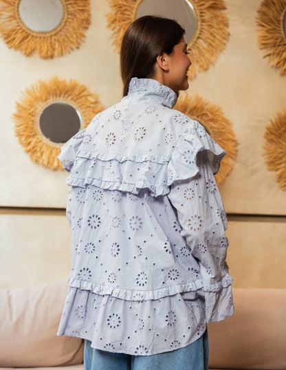 Ruffle Broderie Blouse - Light Blue