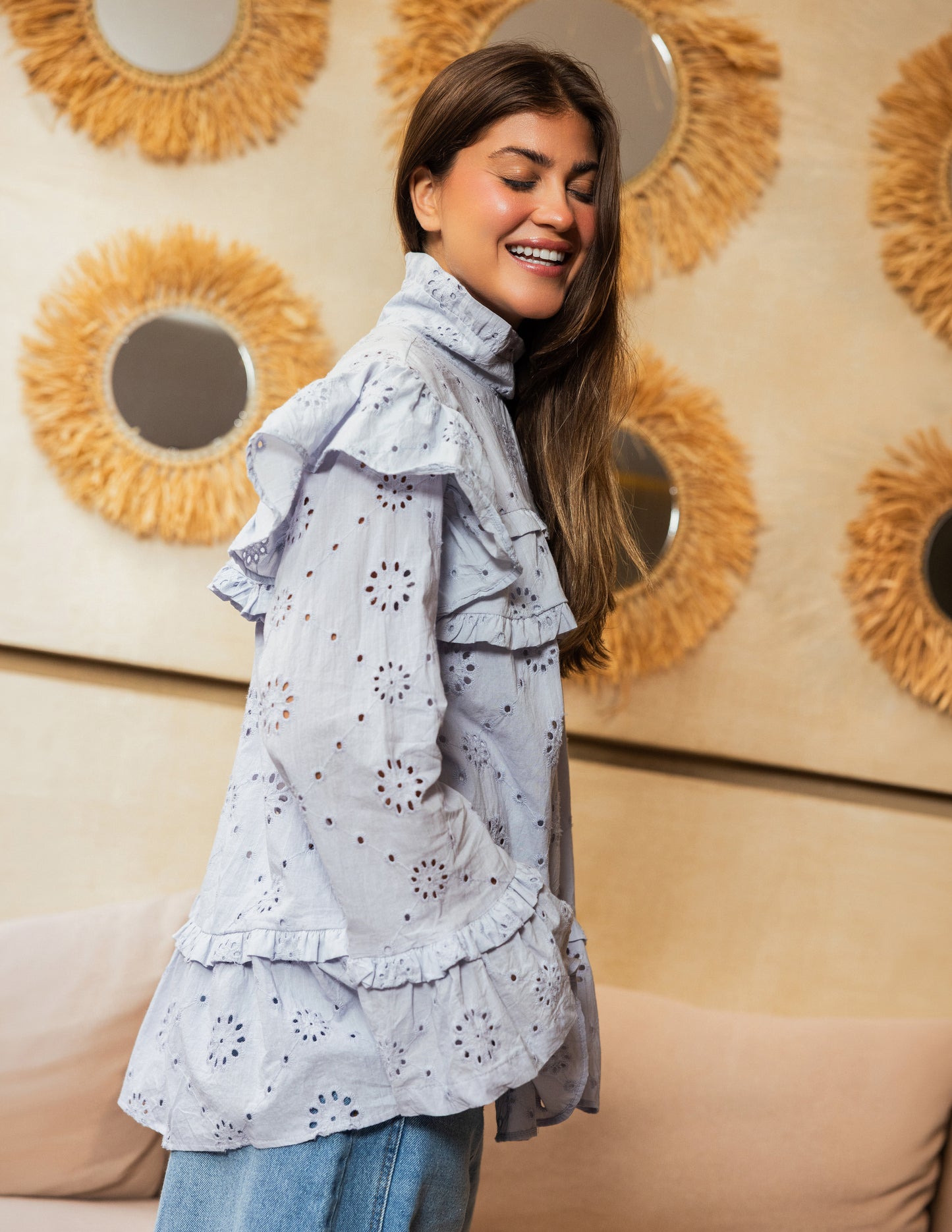 Ruffle Broderie Blouse - Light Blue