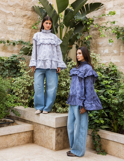 Ruffle Broderie Blouse - Blue