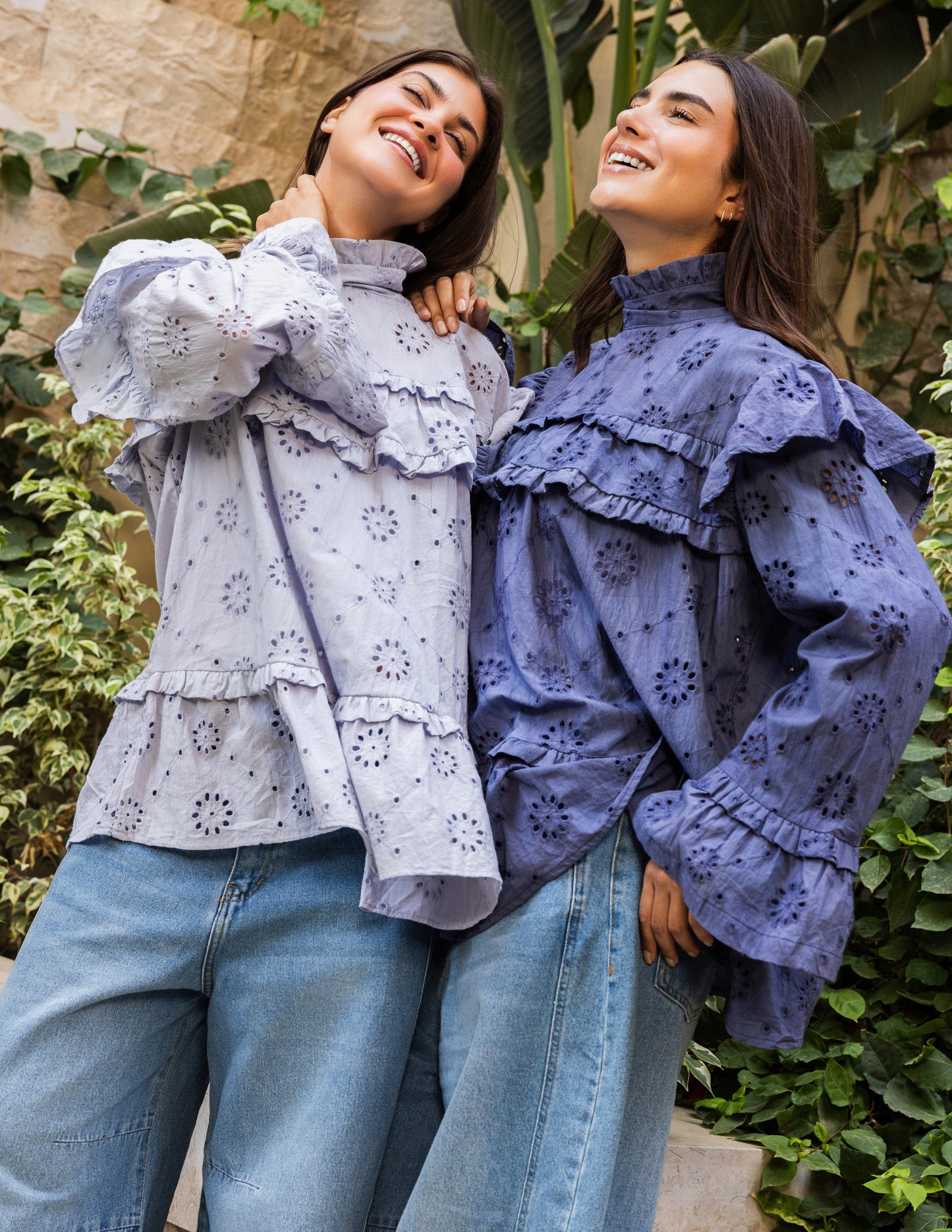 Ruffle Broderie Blouse - Blue