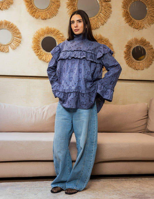 Ruffle Broderie Blouse - Blue