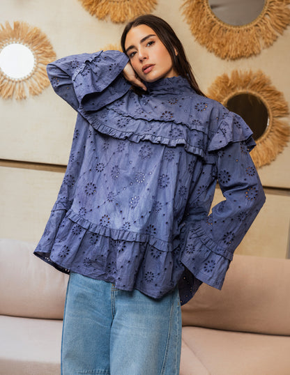 Ruffle Broderie Blouse - Blue