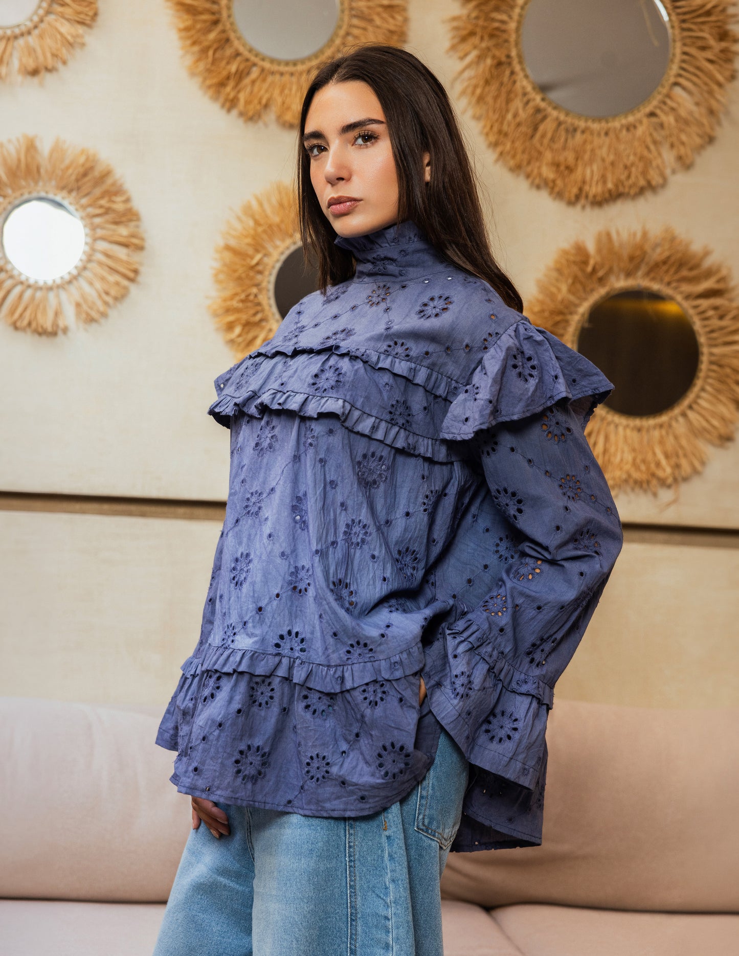 Ruffle Broderie Blouse - Blue