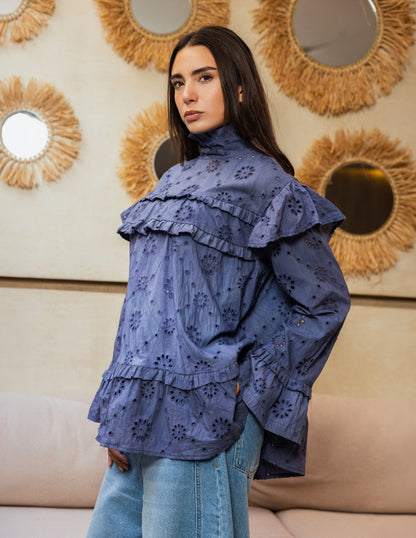 Ruffle Broderie Blouse - Blue