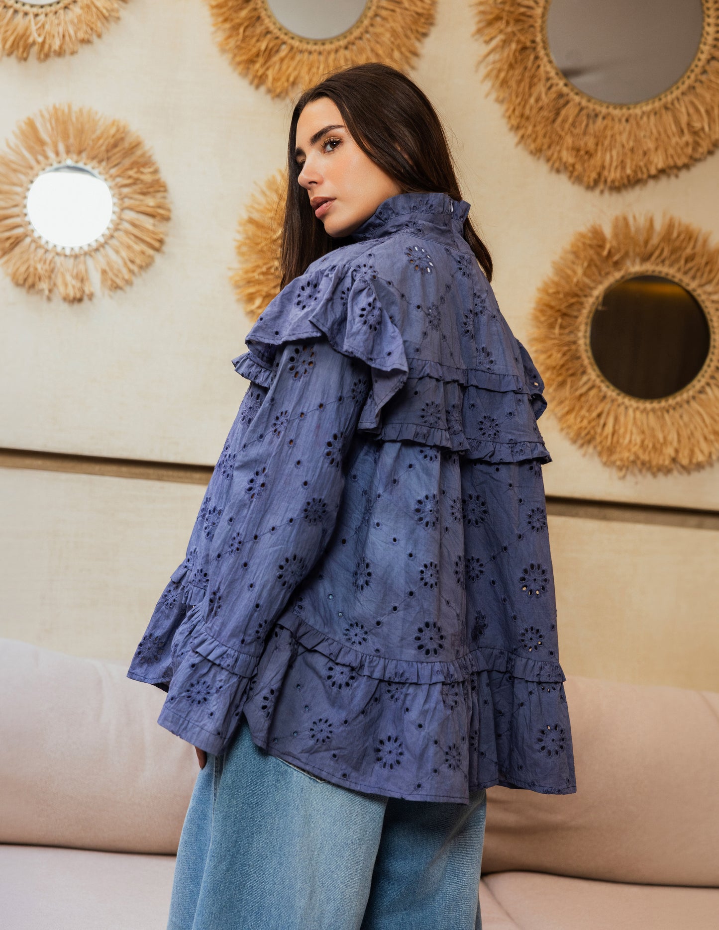 Ruffle Broderie Blouse - Blue