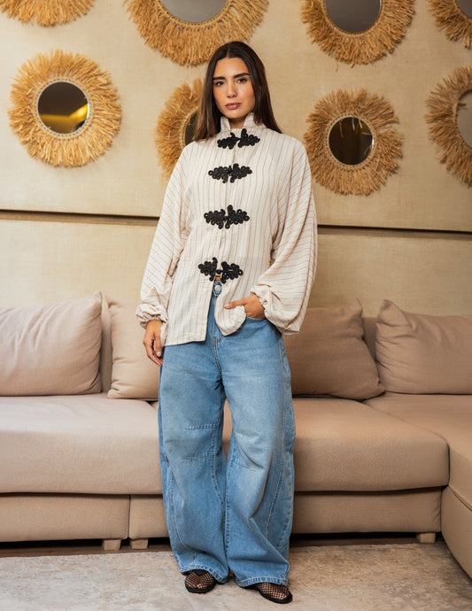 Balloon Sleeve Mandarin Blouse