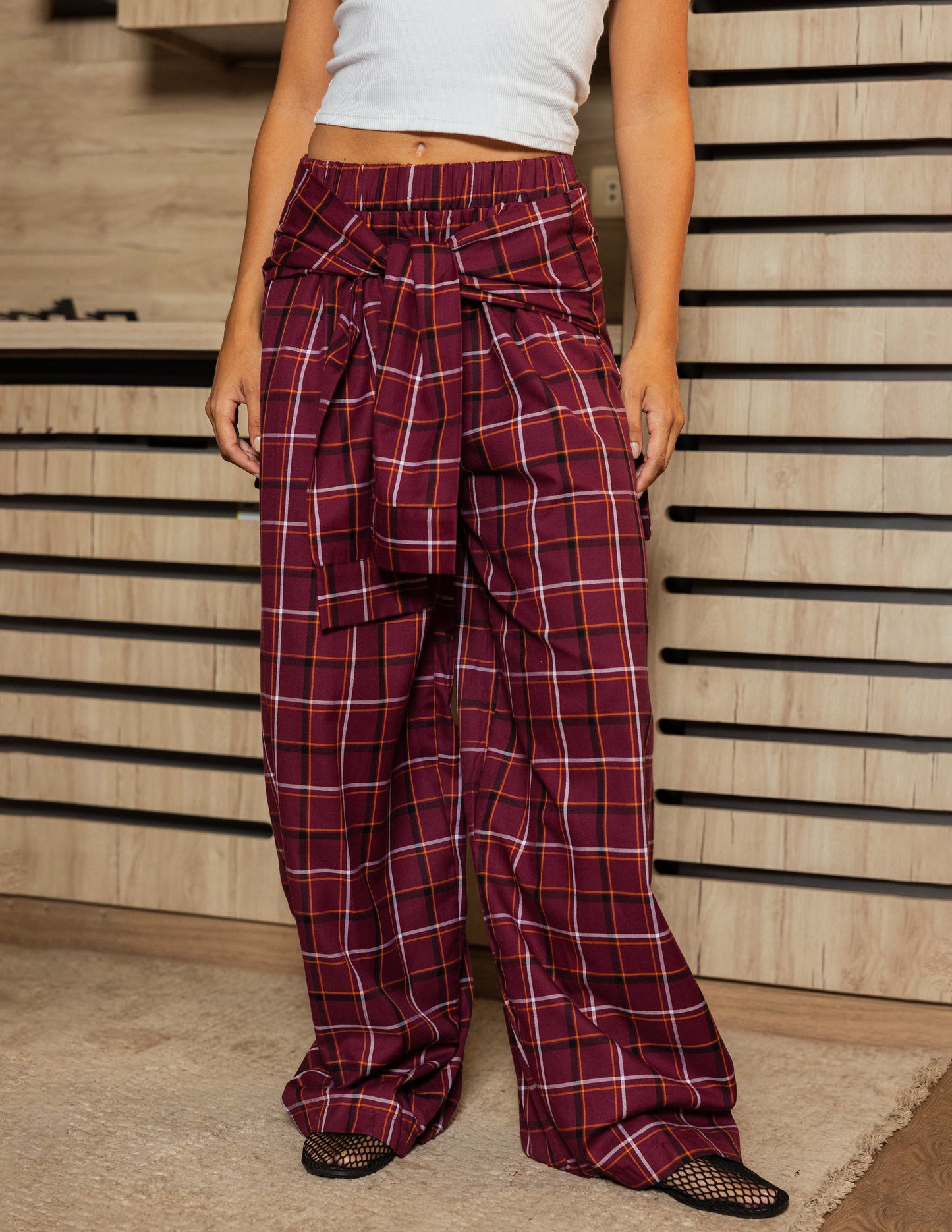 Plaid Tie Pants - Burgundy