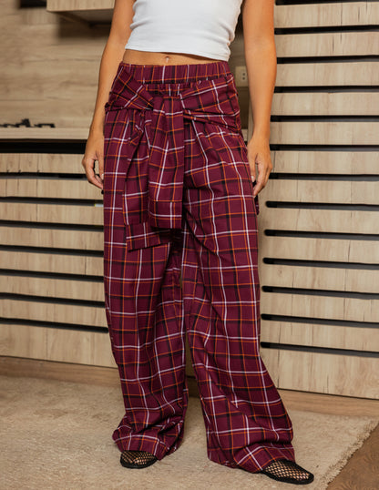 Plaid Tie Pants - Burgundy