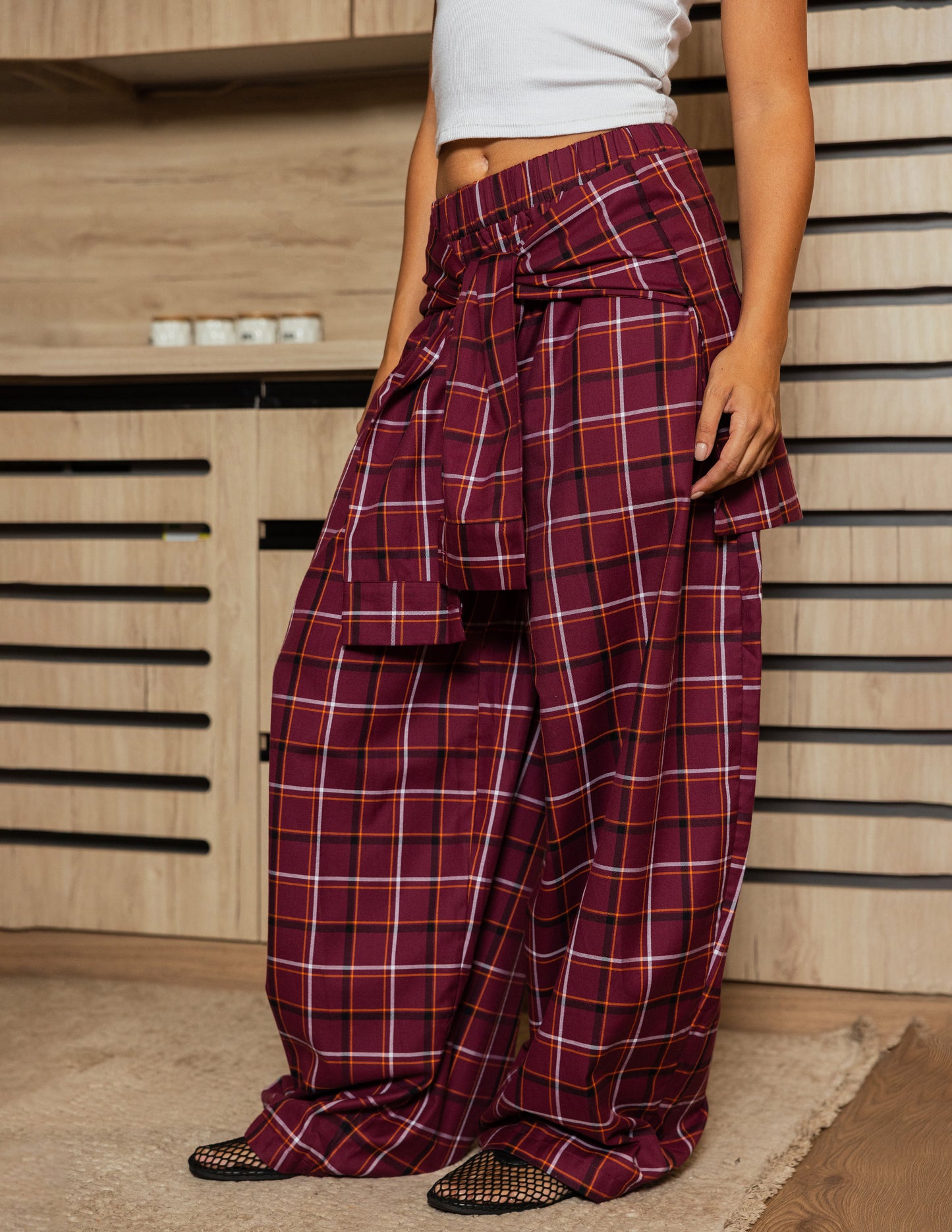 Plaid Tie Pants - Burgundy